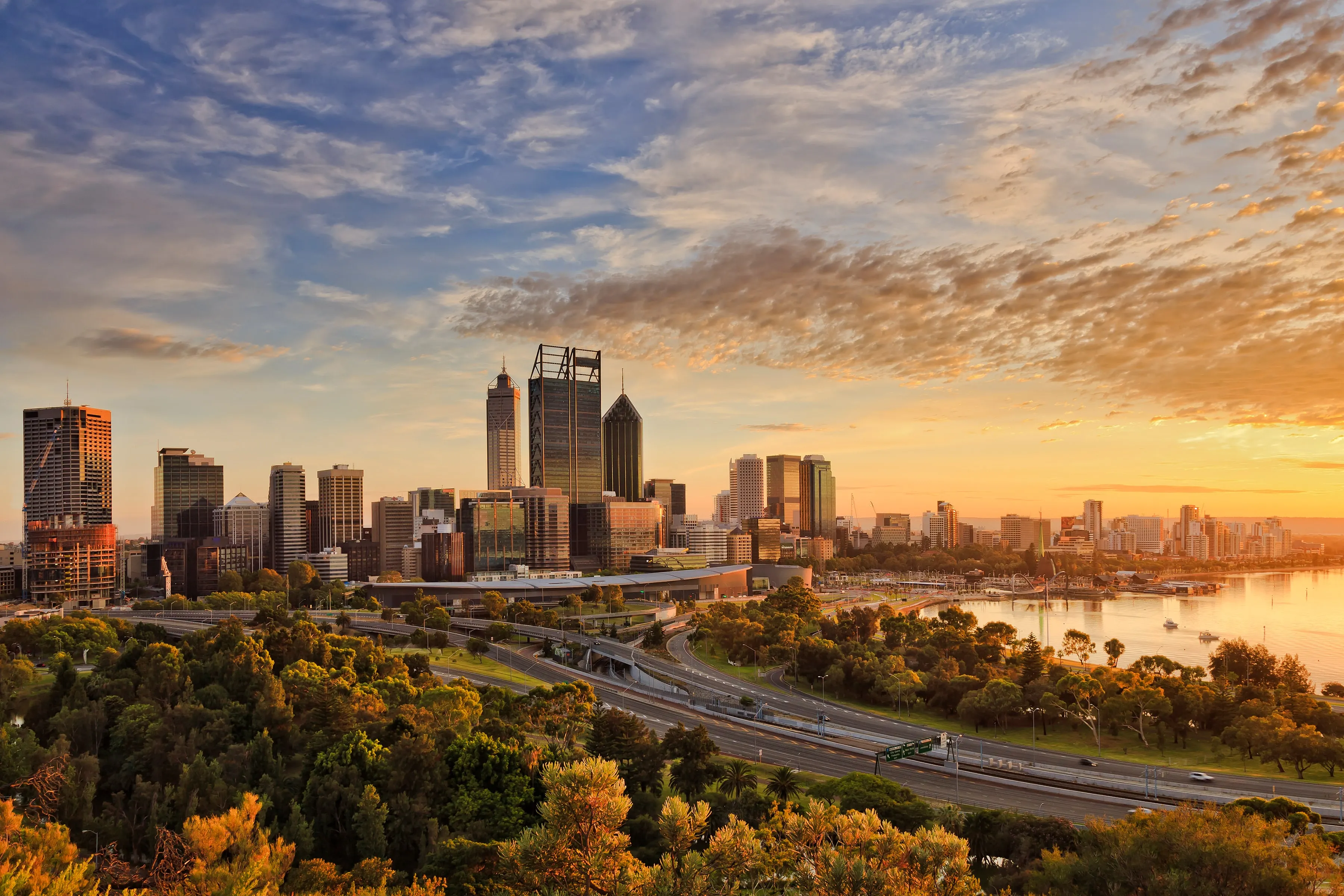 Perth city skyline at sunrise from Kings Park